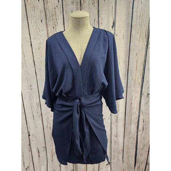 ALK Women's S CupShe Blue Flared Sleeve V-Neck Mini Dress Tie Waist Swim Coverup - Picture 2 of 9